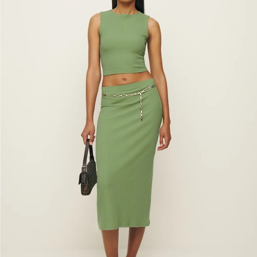 Reformation Green Ribbed Skirt Set